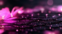 Pink flower petal with water drops and bokeh lights creating magical atmosphere on dark background, macro photography with shallow depth of field.