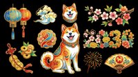 Lunar new year decorative elements collection, isolated on transparent background. Includes lanterns, lucky knots, fireworks, fan, flowers, and sitting dogs. Ready for t-shirt design, clipart, stickers, print-on-demand products, and sublimation projects.