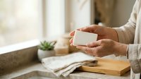 Close-up of hands holding blank white soap bar or product box indoors near window with natural light, suitable for cosmetics, wellness and packaging mockup designs.