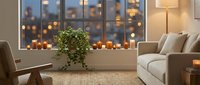 Cozy modern living room interior with warm lighting, candles on windowsill, city lights view, comfortable sofa, floor lamp and houseplant creating relaxing atmosphere.