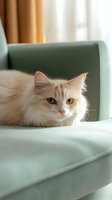 Cream colored longhair cat with amber eyes resting on mint green velvet sofa in soft natural window light, creating cozy home atmosphere.