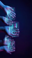 Hands interacting with glowing neon holographic audio equalizer interfaces displaying sound wave frequencies and digital music controls against dark background for music production and technology concepts.