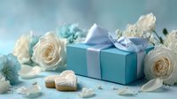 Elegant turquoise gift box with satin bow surrounded by white roses and heart-shaped cookies on blue background, perfect for celebrations or romantic occasions.