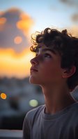 Young boy with curly hair gazing upward at sunset sky with orange clouds and bokeh lights, portraying wonder, hope and childhood dreams.