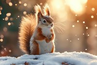 Red squirrel sitting in snow with warm golden sunlight and bokeh lights creating magical winter atmosphere for holiday seasonal content.