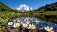 White daisies floating in mountain lake with snow-capped peak reflection, green alpine meadow and clear water creating serene natural landscape.