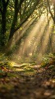 Sunbeams streaming through ancient forest canopy creating magical golden light rays on woodland path with moss-covered ground and lush green foliage.