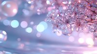 Delicate pink cherry blossoms with morning dew drops against soft bokeh background create dreamy spring atmosphere in pastel blue and rose tones.