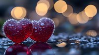 Two red glass hearts with water drops on reflective surface against blurred golden bokeh lights creating romantic Valentine mood and atmosphere.