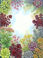 Watercolor succulent and flower border frame with empty center space for text or design elements on soft pastel background for greeting cards and invitations.