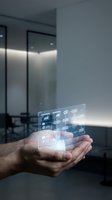 Male professional holding transparent digital interface with glowing data analytics icons and business metrics in modern office environment. Technology innovation concept.