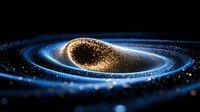 Glowing spiral galaxy formation with golden particles and blue light trails against dark background, cosmic space visualization for astronomy and science concepts.