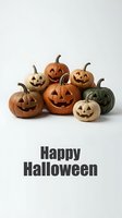 Carved jack-o'-lantern pumpkins in orange, white, and green with glowing faces arranged on white background for seasonal holiday greeting cards and festive decorations.