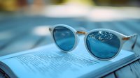 Stylish round sunglasses with blue lenses resting on open book pages, creating dreamy summer reading atmosphere with soft bokeh background effect.