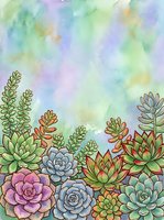 Watercolor succulent garden arrangement with colorful echeveria and cacti on a soft pastel background, great for cards and prints.
