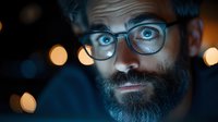Young bearded Caucasian man wearing glasses illuminated by blue light and bokeh effects at night, close-up portrait showing intense gaze and modern style.