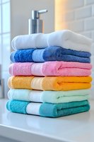 Stack of colorful cotton towels neatly folded on bathroom counter with soap dispenser creating organized spa-like atmosphere for home decor and hygiene.