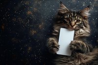 Fluffy tabby cat holding smartphone against starry night sky background with golden sparkles for technology and pet communication concepts.