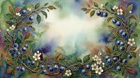 Blueberry branches with white flowers frame a soft watercolor sky, creating a natural border design suitable for invitations, cards, and decorative backgrounds.