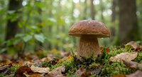 Fresh brown cap mushroom growing in natural forest environment surrounded by green moss and fallen autumn leaves on woodland floor.