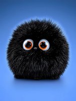 Adorable black fuzzy monster character with big orange eyes on blue background for children's content, toys, games, and creative projects.