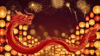 Red dragon dancing among golden lanterns with spectacular fireworks display creating festive celebration atmosphere for lunar new year festivities.