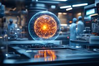 Glowing orange energy sphere floating above futuristic laboratory equipment with holographic interface in dark sci-fi research facility environment.