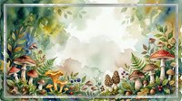Watercolor forest floor scene with mushrooms, ferns and foliage creating natural botanical border frame for autumn nature designs and organic decorations.