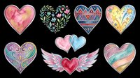 Watercolor heart shapes with floral patterns, wings, and decorative designs isolated on transparent background. Ready for t-shirt designs, stickers, clipart, sublimation, print-on-demand products, and craft projects.