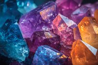 Vibrant crystal clusters in purple, orange and blue tones with natural light refraction creating magical glow effect, macro photography showing detailed mineral structure.