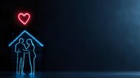 Romantic neon illustration showing couple silhouette under house roof with glowing heart symbol against dark background. Modern love concept for valentines designs.
