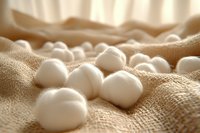White cotton balls scattered on natural burlap fabric with soft warm lighting creating gentle shadows and texture. Perfect for wellness, spa, and cosmetic designs.