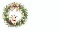 Festive evergreen wreath with red bow and cute goat illustration, isolated on white background for holiday greeting cards, seasonal decorations, and winter design projects.