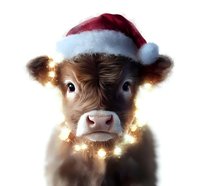 Adorable brown calf wearing red Santa hat with glowing Christmas lights around neck on white background, festive farm animal portrait for holiday designs.