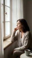 Middle-aged woman with dark hair gazing thoughtfully out window while sitting indoors with coffee mug, wearing beige cardigan, contemplative mood, natural daylight, home interior setting.