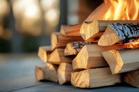 Burning firewood stack with orange flames and natural wood texture in soft focus, creating cozy atmosphere for winter warmth and home comfort.