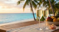 Two champagne glasses on tropical beach table with palm trees and turquoise ocean at sunset, romantic vacation celebration concept for luxury travel marketing.