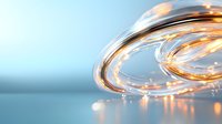 Glowing LED strip light creates curved shape with warm orange illumination against blue background, modern lighting design for home and commercial spaces.