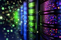 Abstract technology background with colorful bokeh lights and glowing particles against dark server racks, representing modern data center and digital transformation.