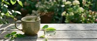 Steaming herbal tea cup on rustic wooden table with fresh green leaves in sunlit garden setting for relaxation and wellness concepts.