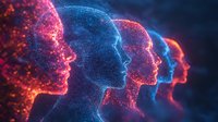 Glowing particle profiles showing human faces in red and blue neon colors against dark background, representing digital identity and consciousness in modern age.