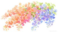 Colorful watercolor floral composition with gradient from orange to purple and green hues, creating a delicate botanical arrangement on white background.