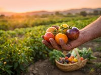 Farmer holding freshly harvested heirloom tomatoes in hand over vegetable garden field at sunset, showcasing organic produce and sustainable agriculture.