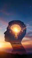Human head silhouette with glowing brain lightbulb and neural networks against sunset sky representing creativity, innovation and bright ideas.