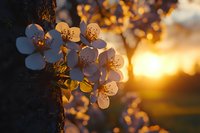 White cherry blossoms on tree branch at sunset with golden sunlight bokeh background creating romantic spring atmosphere and natural warmth.