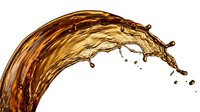 Dynamic cola splash with golden brown liquid creating curved wave motion with droplets on white background for beverage advertising and refreshment concepts.