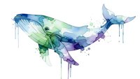 Watercolor whale with dripping paint effect in blue green purple hues isolated on white background for marine art designs and ocean themed projects.
