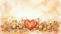 Watercolor heart surrounded by gold coins and autumn leaves on warm beige background, symbolizing love, wealth, and financial prosperity.