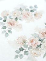 Soft watercolor roses in blush pink tones with sage green leaves on white background for wedding invitations and feminine design projects.