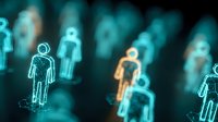 Glowing digital human figures in blue with one highlighted in orange, representing social networking or data analytics in a dark environment.